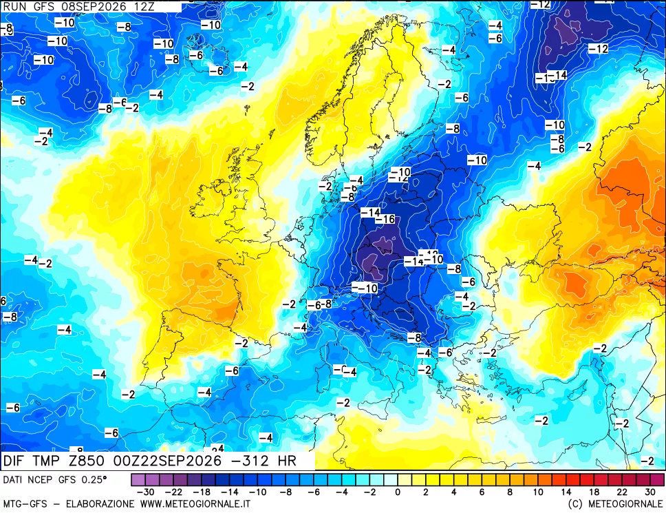 mappa Dif. Temp a 850 hPa Valid - Init