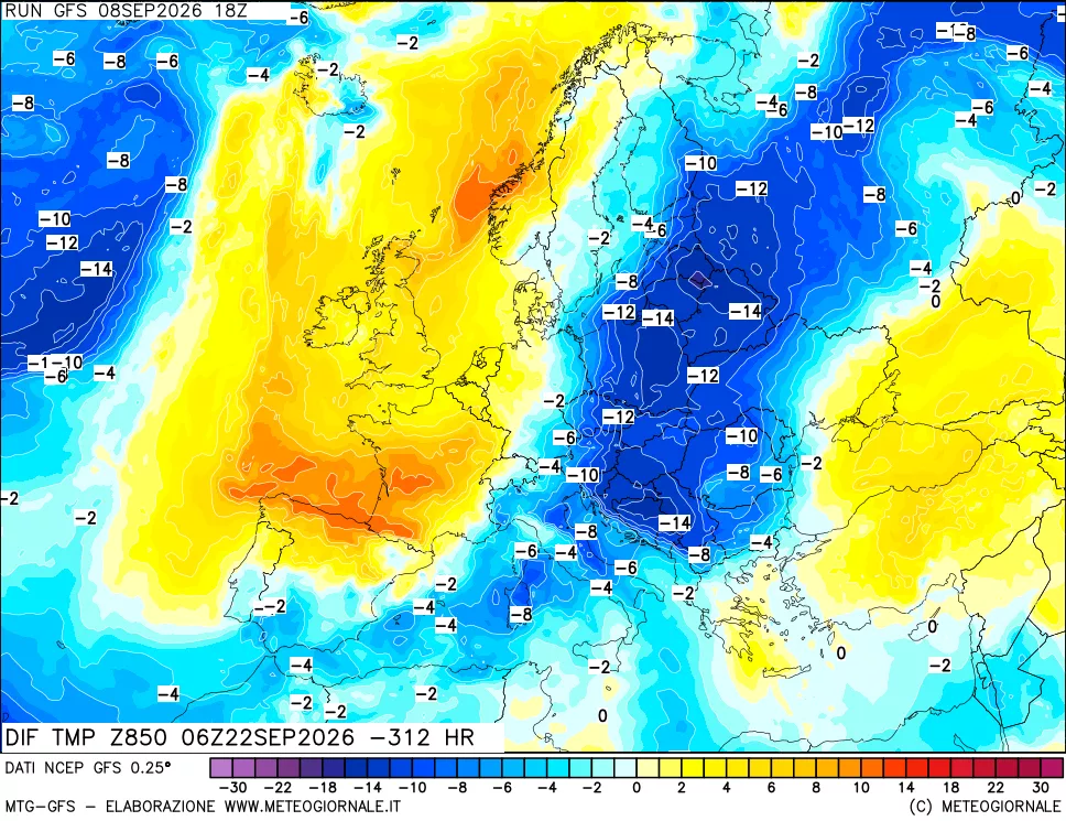 mappa Dif. Temp a 850 hPa Valid - Init