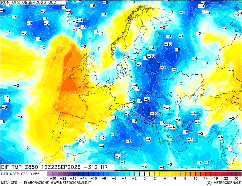 mappa Dif. Temp a 850 hPa Valid - Init