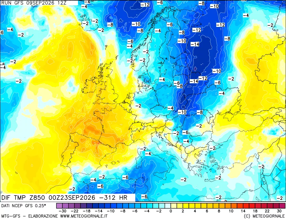 mappa Dif. Temp a 850 hPa Valid - Init