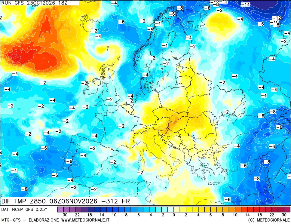 mappa Dif. Temp a 850 hPa Valid - Init