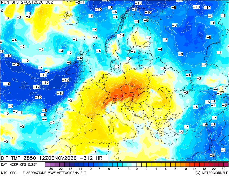 mappa Dif. Temp a 850 hPa Valid - Init