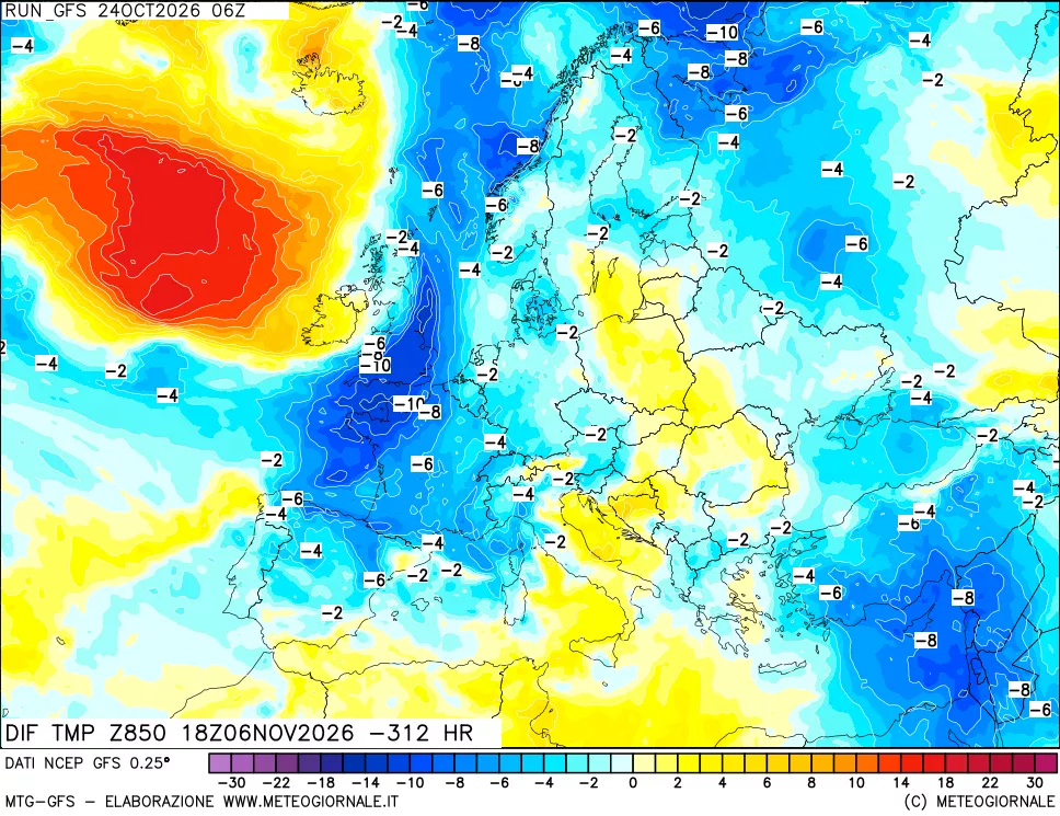 mappa Dif. Temp a 850 hPa Valid - Init