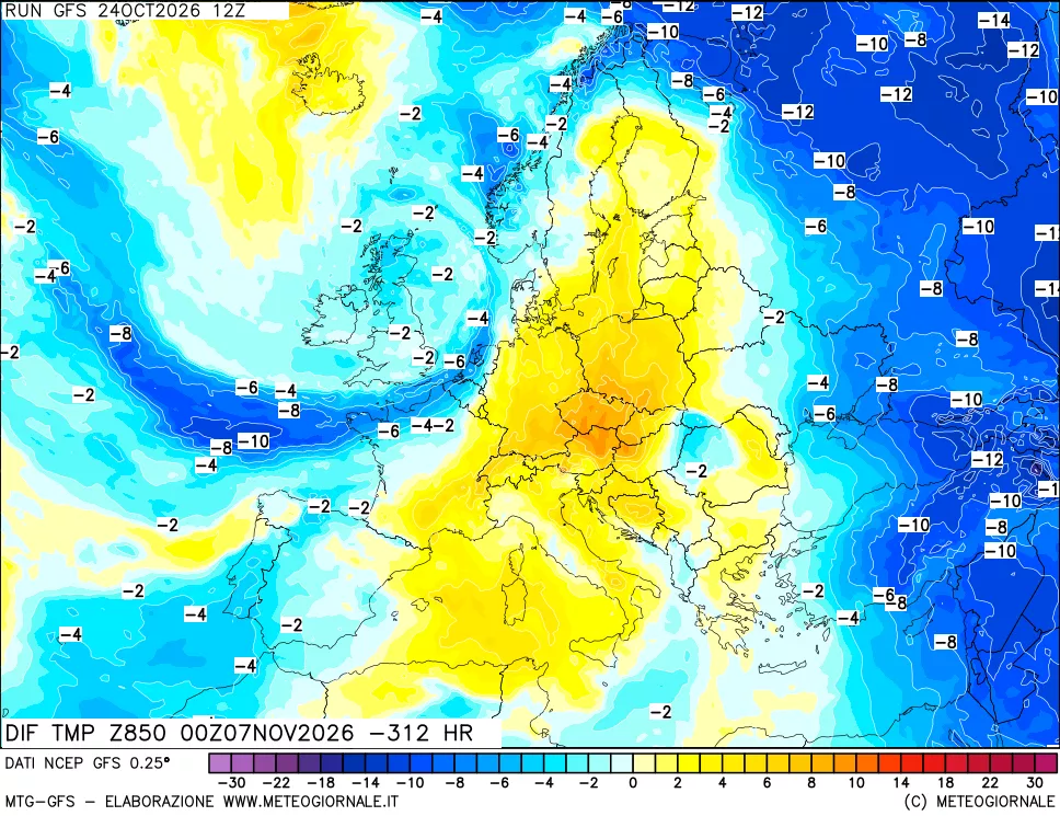 mappa Dif. Temp a 850 hPa Valid - Init