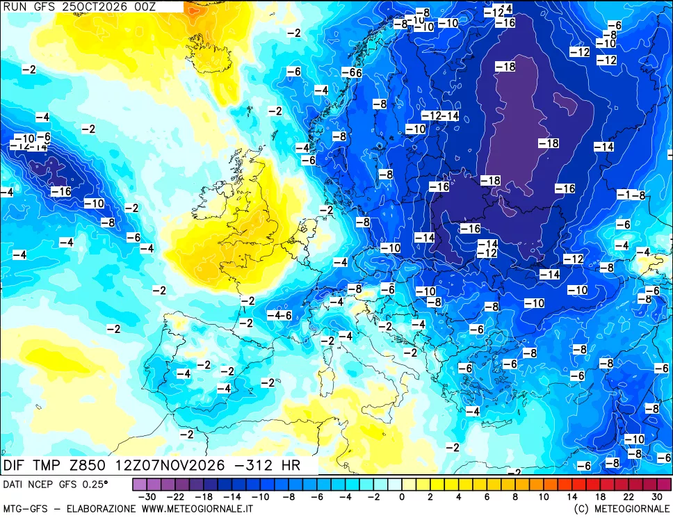 mappa Dif. Temp a 850 hPa Valid - Init