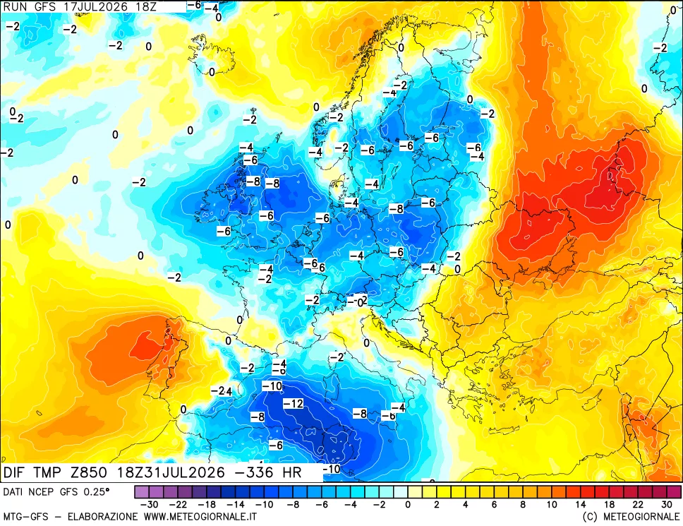 mappa Dif. Temp a 850 hPa Valid - Init