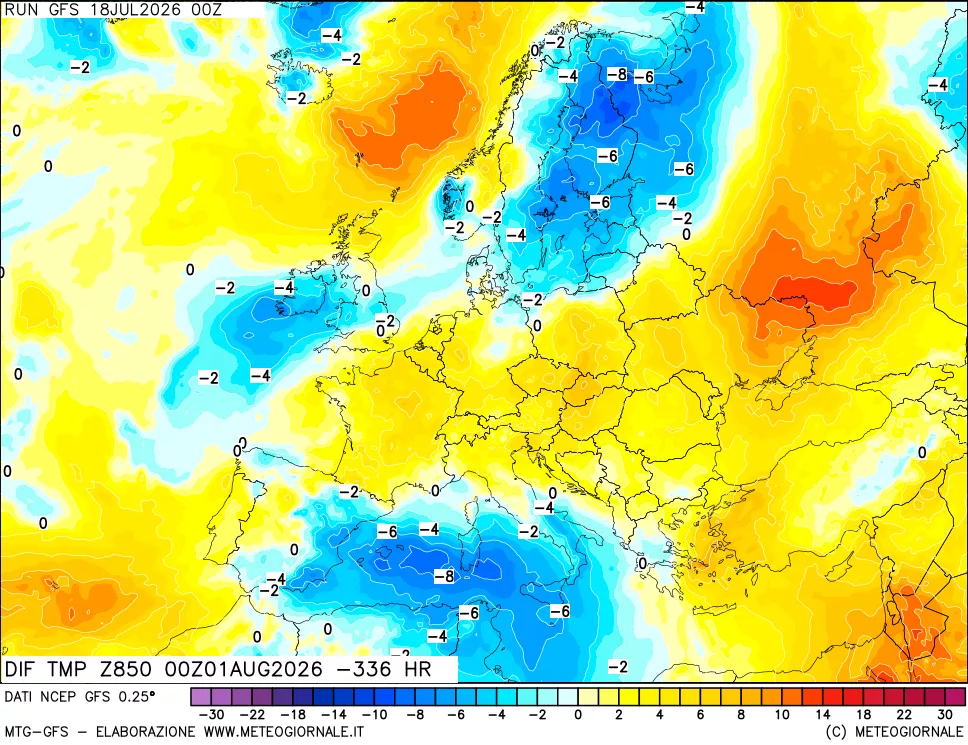 mappa Dif. Temp a 850 hPa Valid - Init