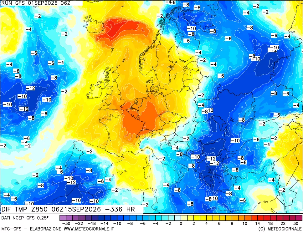 mappa Dif. Temp a 850 hPa Valid - Init
