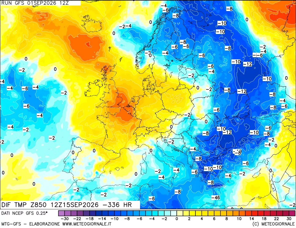 mappa Dif. Temp a 850 hPa Valid - Init