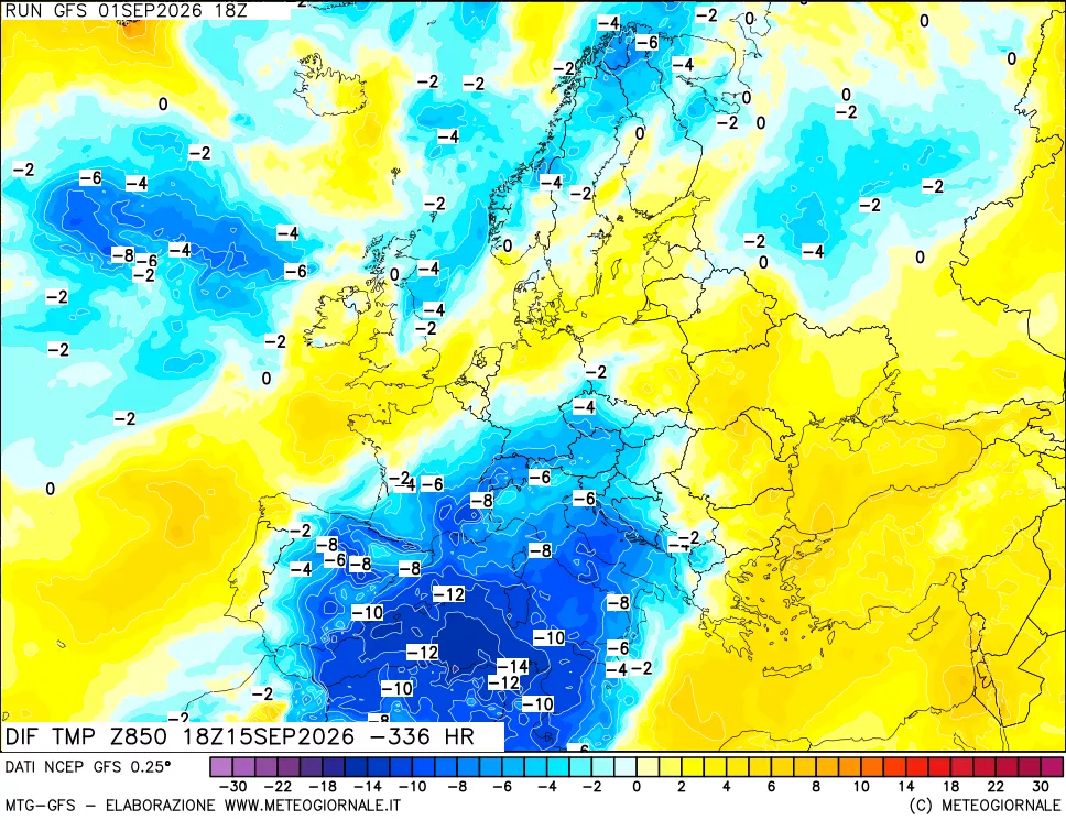 mappa Dif. Temp a 850 hPa Valid - Init