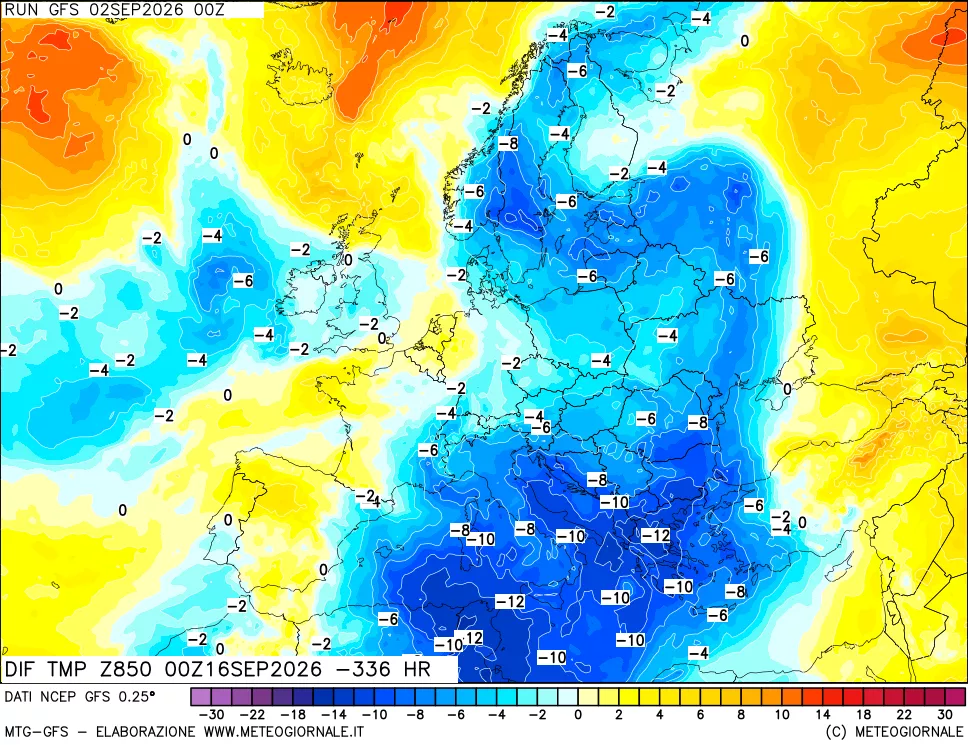 mappa Dif. Temp a 850 hPa Valid - Init