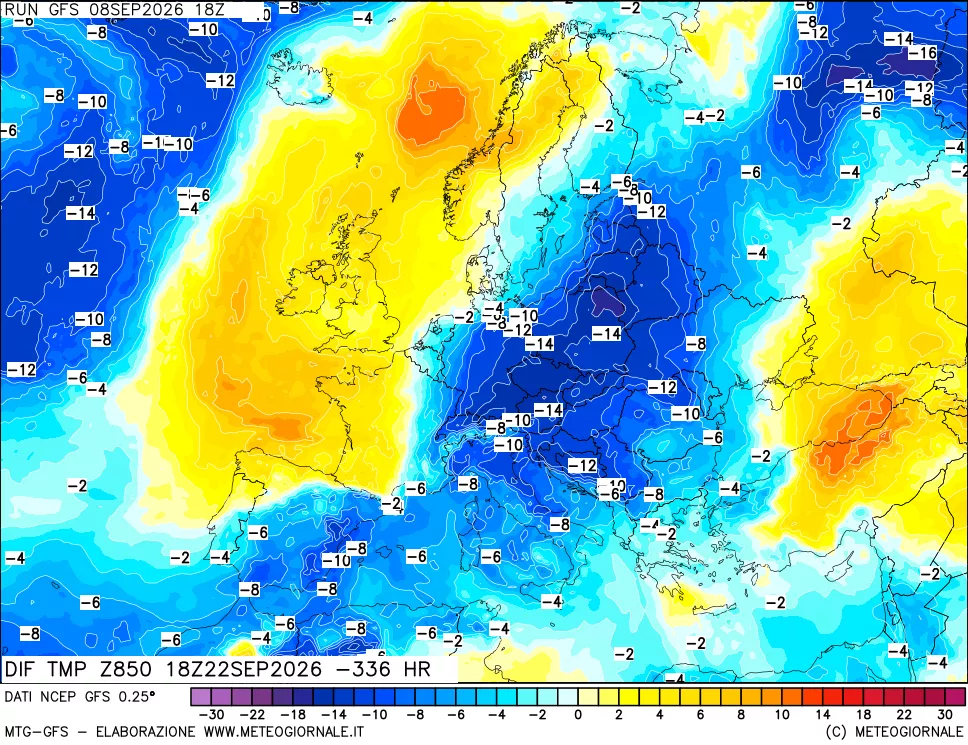 mappa Dif. Temp a 850 hPa Valid - Init