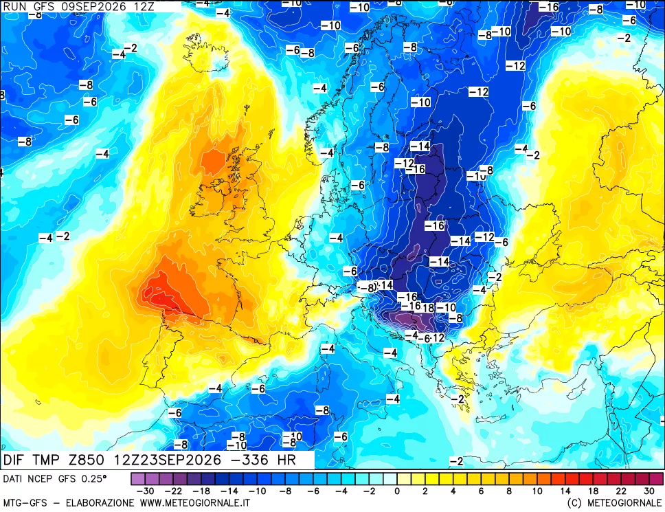 mappa Dif. Temp a 850 hPa Valid - Init