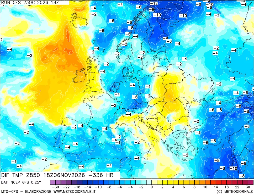 mappa Dif. Temp a 850 hPa Valid - Init
