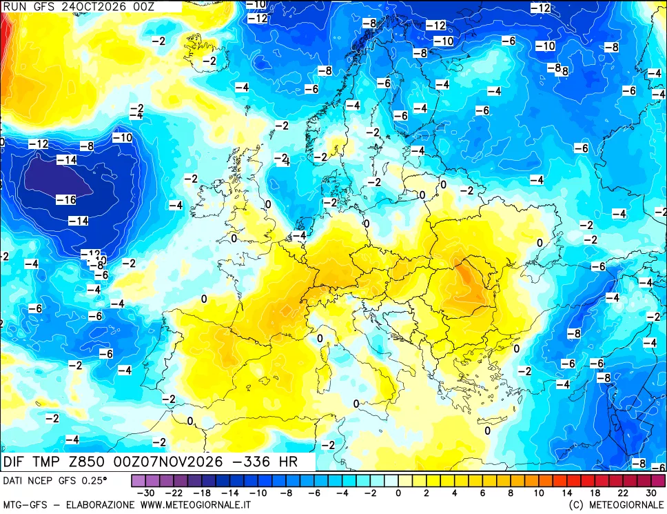 mappa Dif. Temp a 850 hPa Valid - Init
