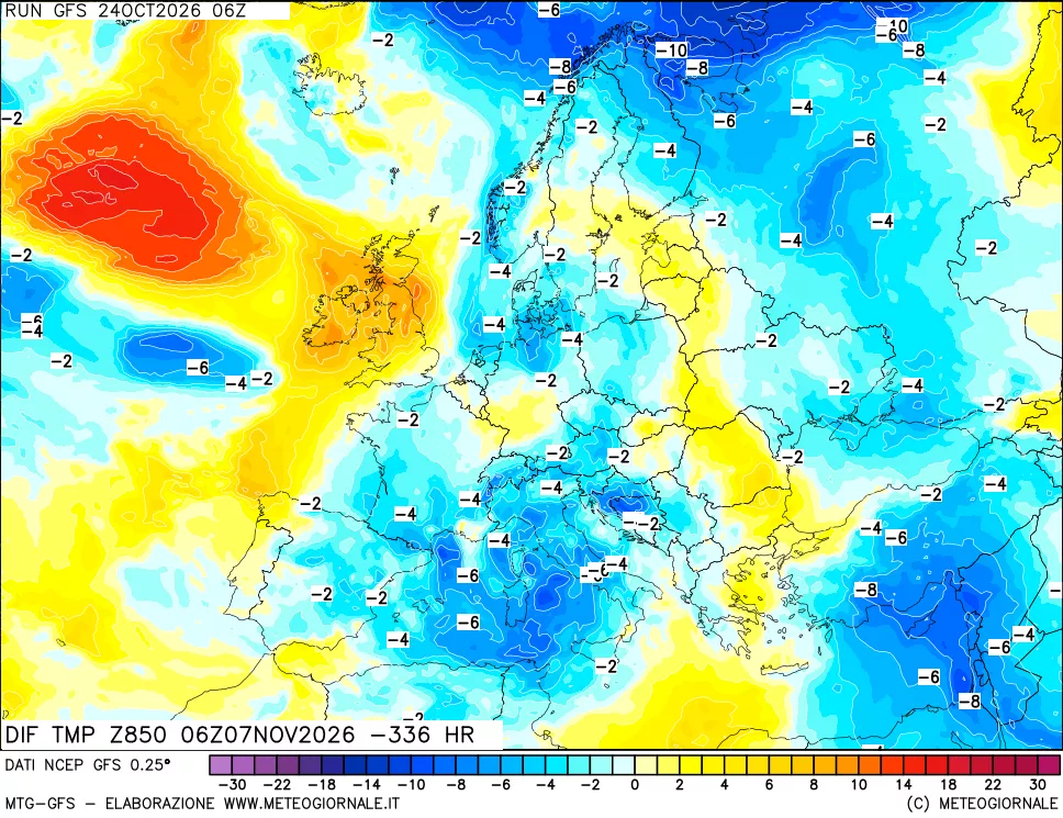 mappa Dif. Temp a 850 hPa Valid - Init