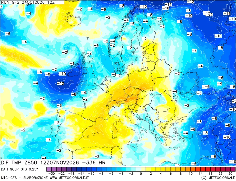 mappa Dif. Temp a 850 hPa Valid - Init
