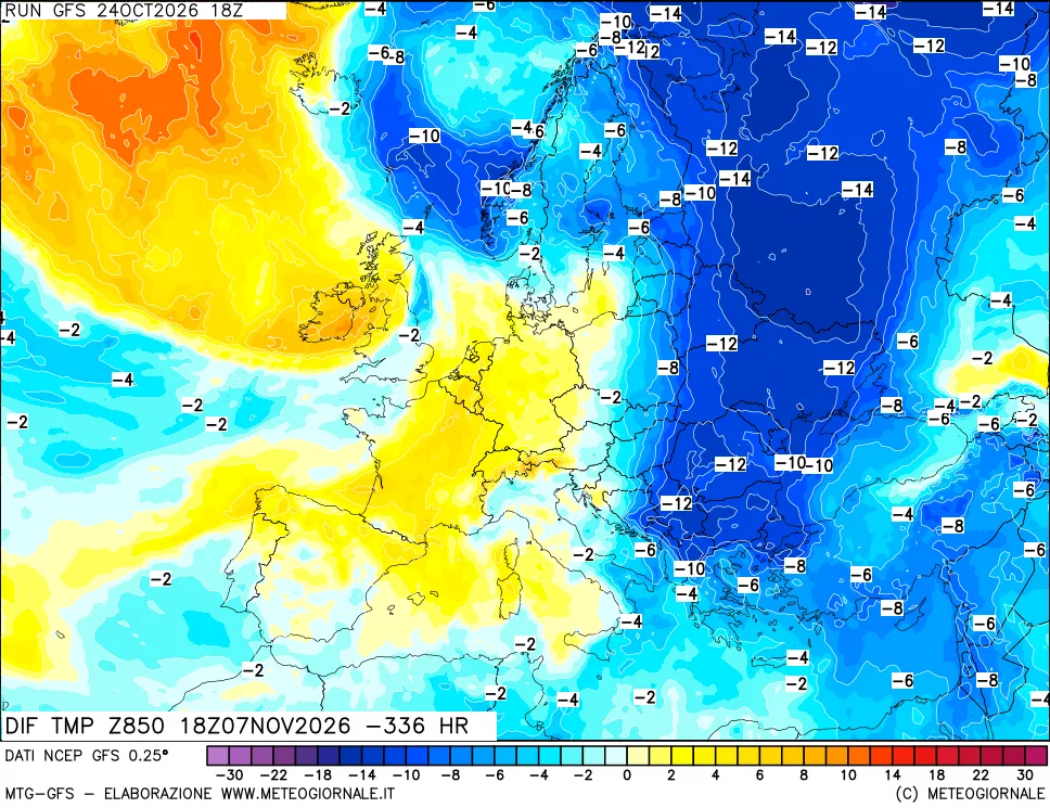 mappa Dif. Temp a 850 hPa Valid - Init