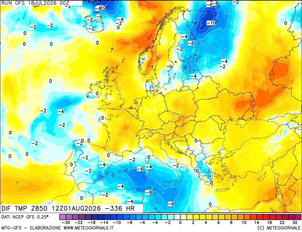 mappa Dif. Temp a 850 hPa Valid - Init