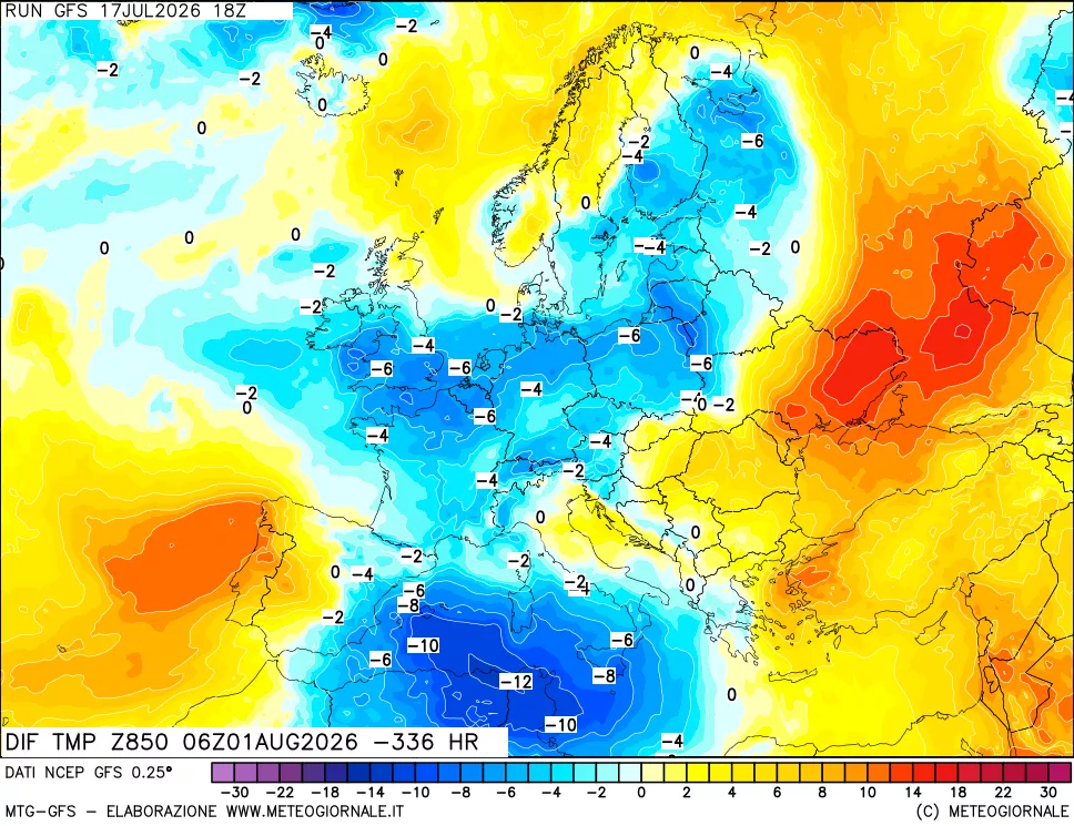 mappa Dif. Temp a 850 hPa Valid - Init