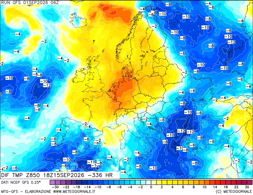 mappa Dif. Temp a 850 hPa Valid - Init