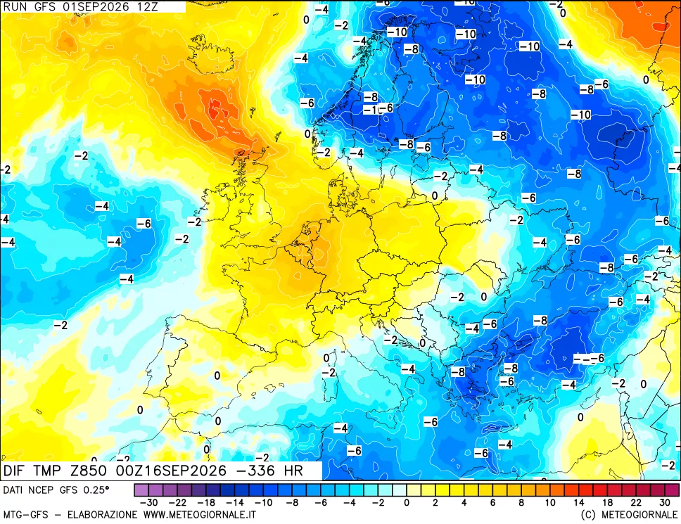 mappa Dif. Temp a 850 hPa Valid - Init