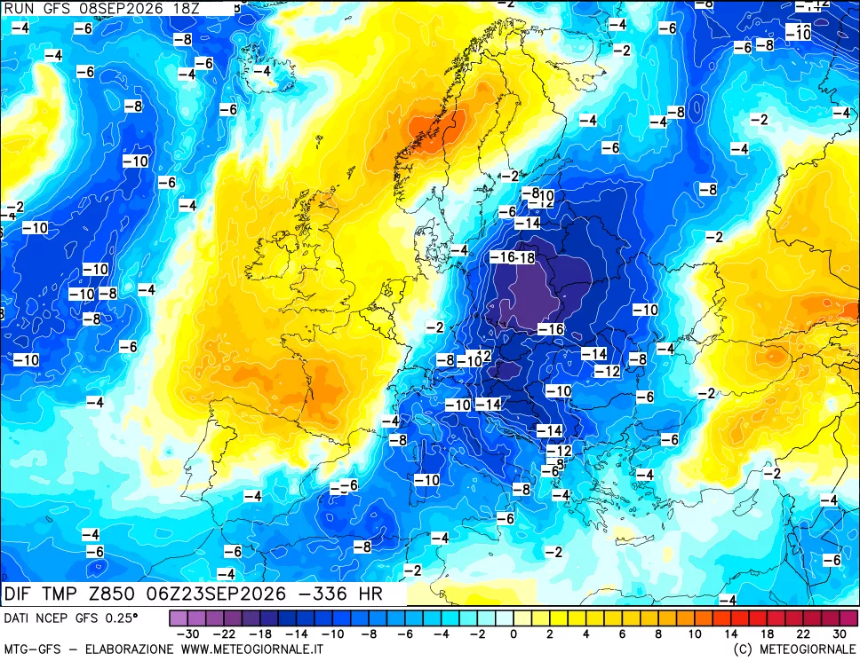 mappa Dif. Temp a 850 hPa Valid - Init