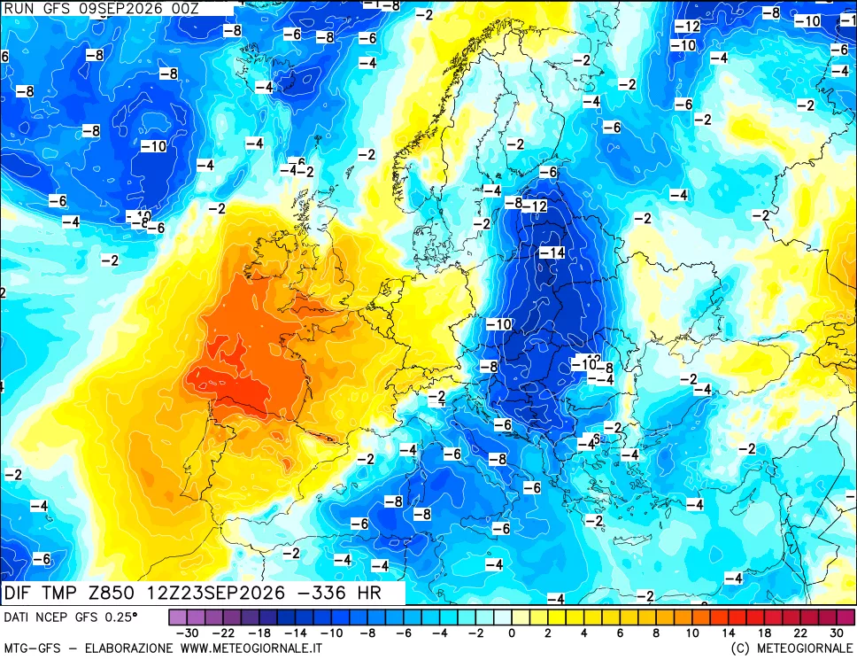 mappa Dif. Temp a 850 hPa Valid - Init