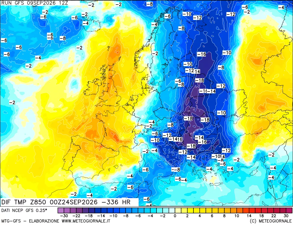 mappa Dif. Temp a 850 hPa Valid - Init