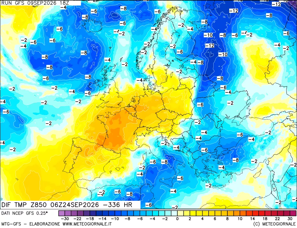 mappa Dif. Temp a 850 hPa Valid - Init