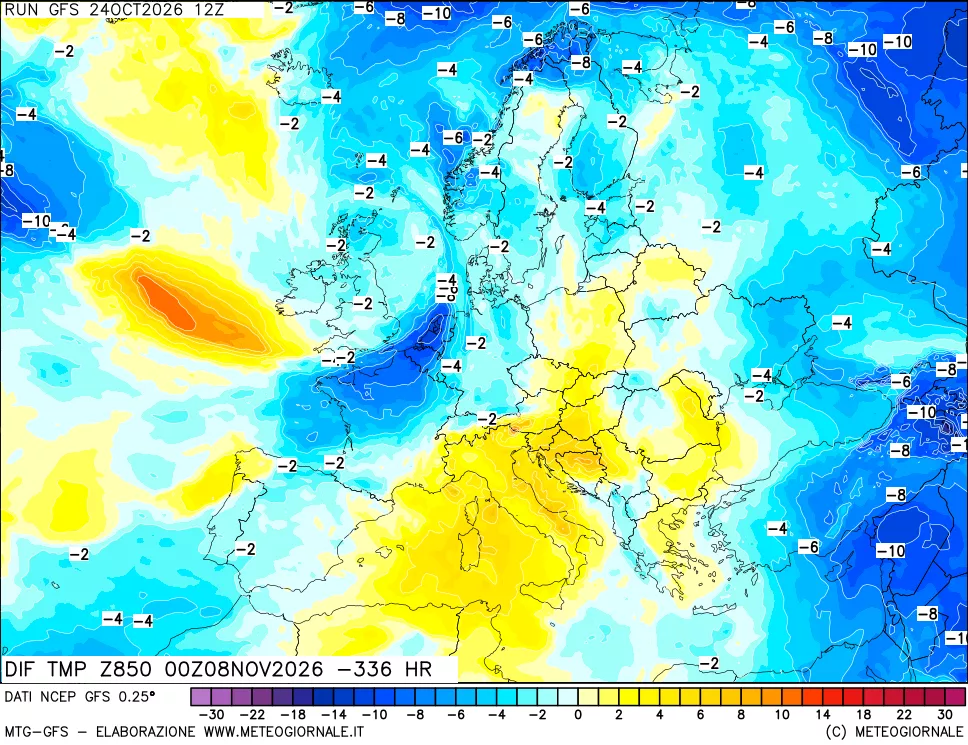 mappa Dif. Temp a 850 hPa Valid - Init
