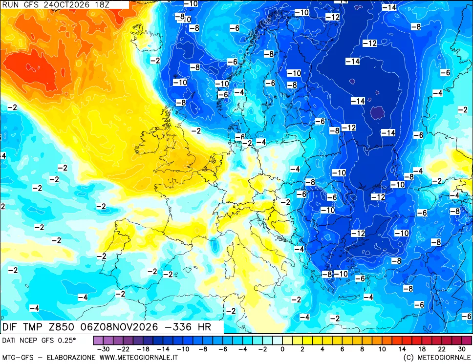 mappa Dif. Temp a 850 hPa Valid - Init