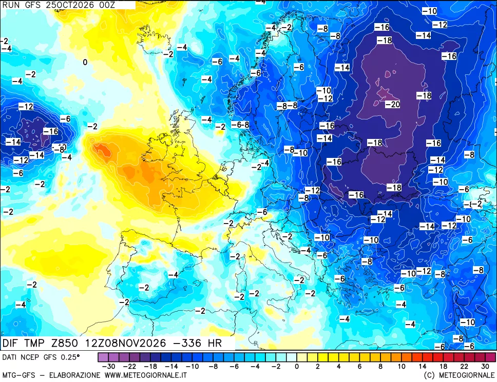 mappa Dif. Temp a 850 hPa Valid - Init