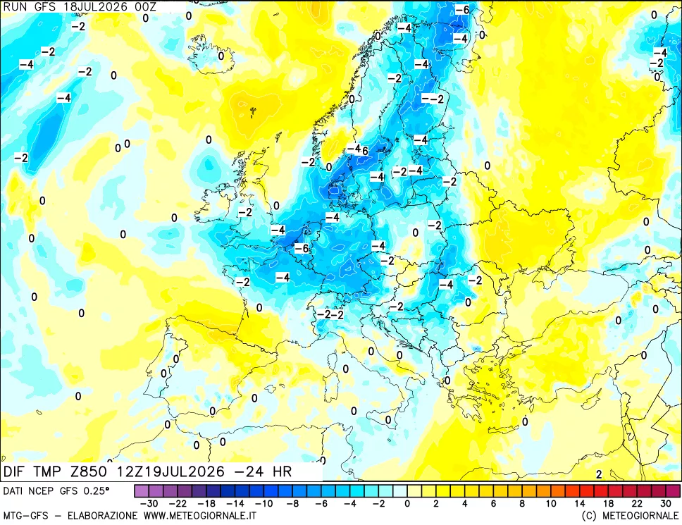 mappa Dif. Temp a 850 hPa Valid - Init