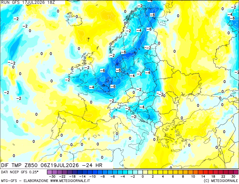 mappa Dif. Temp a 850 hPa Valid - Init