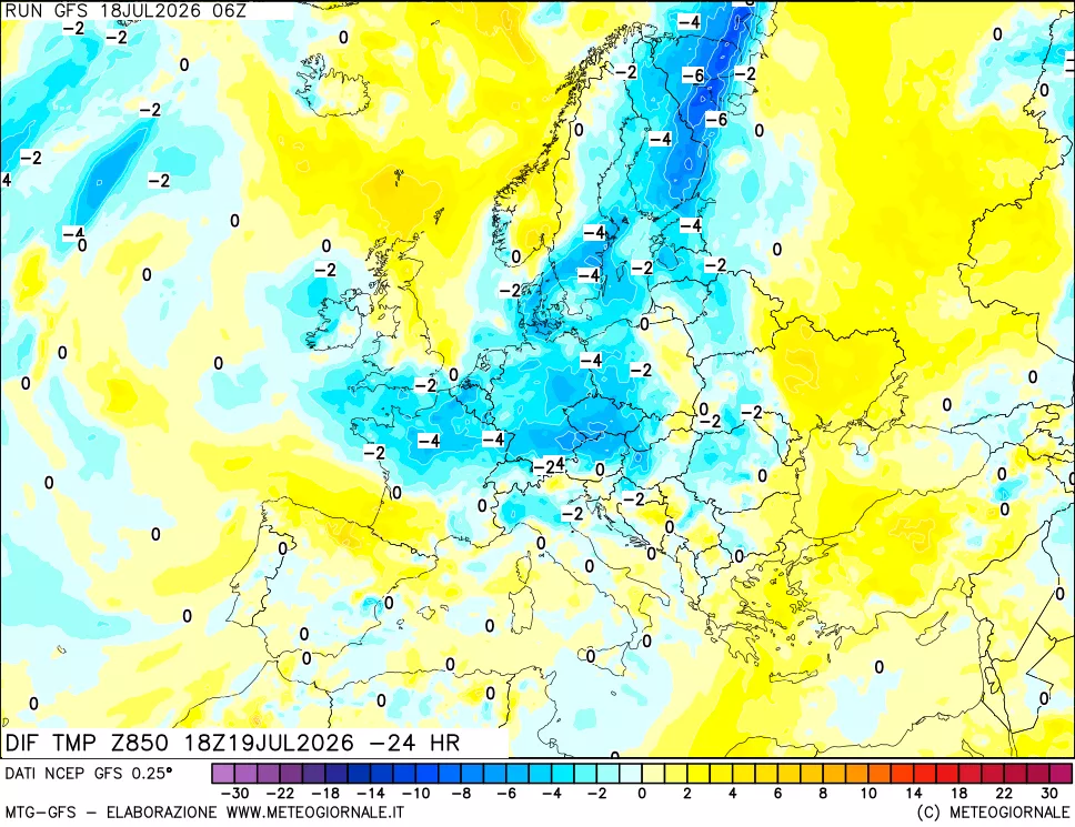 mappa Dif. Temp a 850 hPa Valid - Init