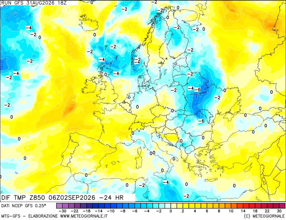 mappa Dif. Temp a 850 hPa Valid - Init