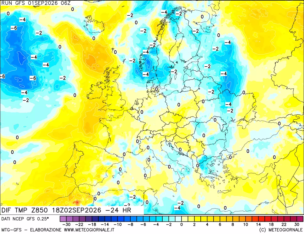 mappa Dif. Temp a 850 hPa Valid - Init
