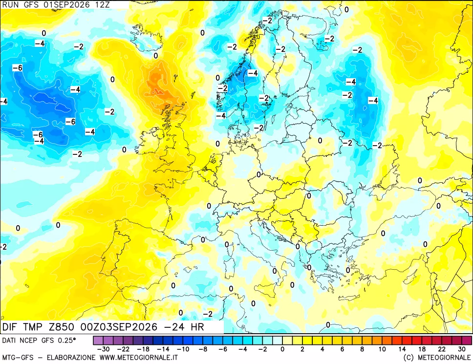 mappa Dif. Temp a 850 hPa Valid - Init
