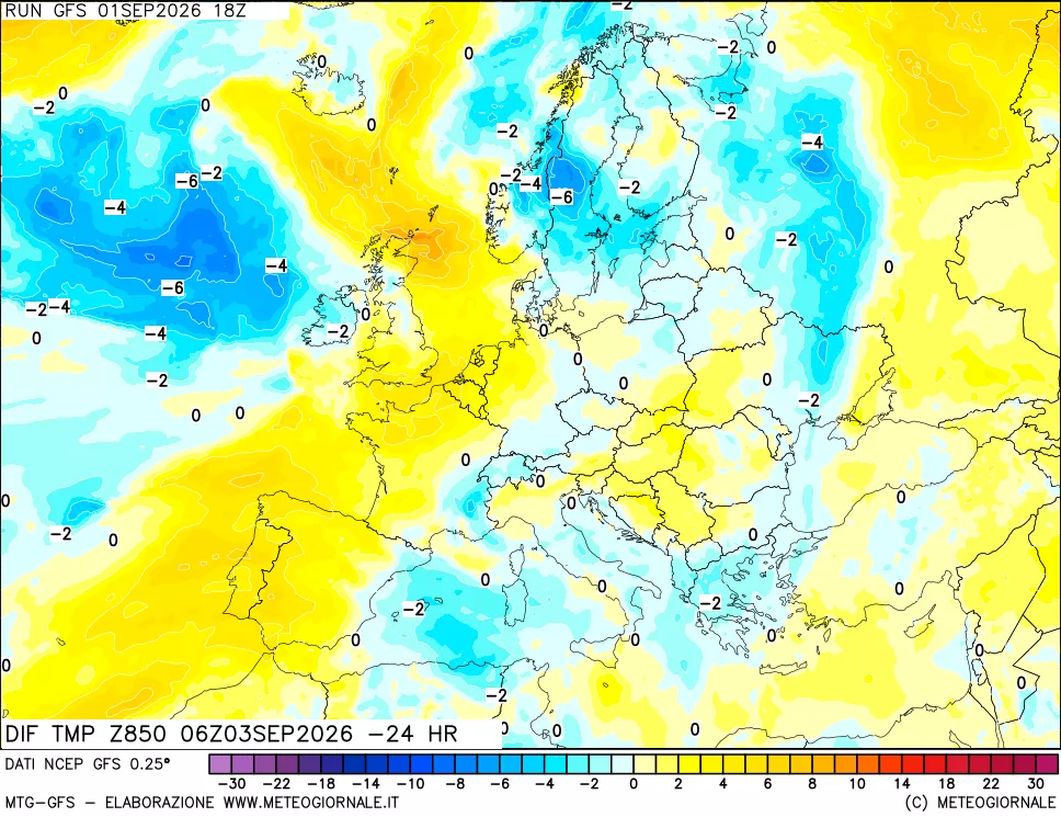 mappa Dif. Temp a 850 hPa Valid - Init