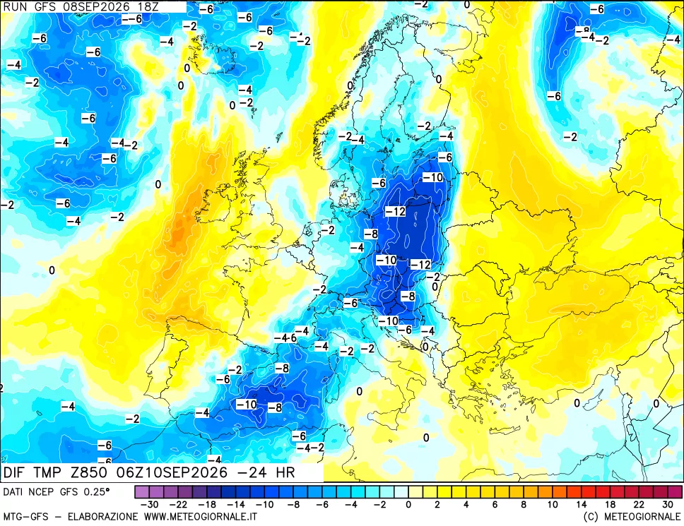 mappa Dif. Temp a 850 hPa Valid - Init
