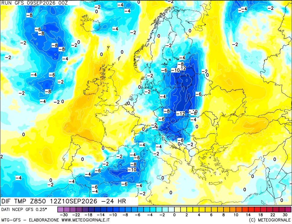 mappa Dif. Temp a 850 hPa Valid - Init