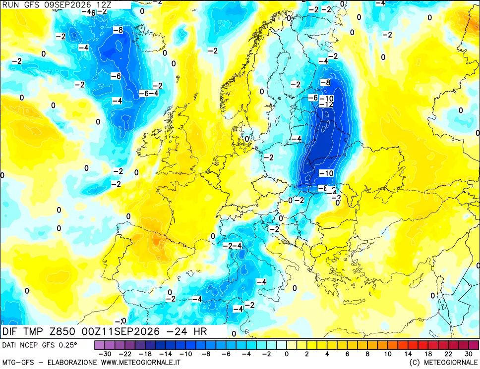mappa Dif. Temp a 850 hPa Valid - Init