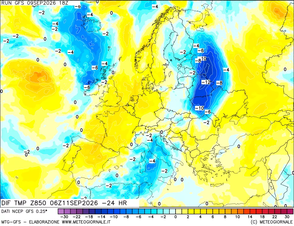 mappa Dif. Temp a 850 hPa Valid - Init