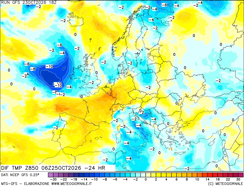 mappa Dif. Temp a 850 hPa Valid - Init