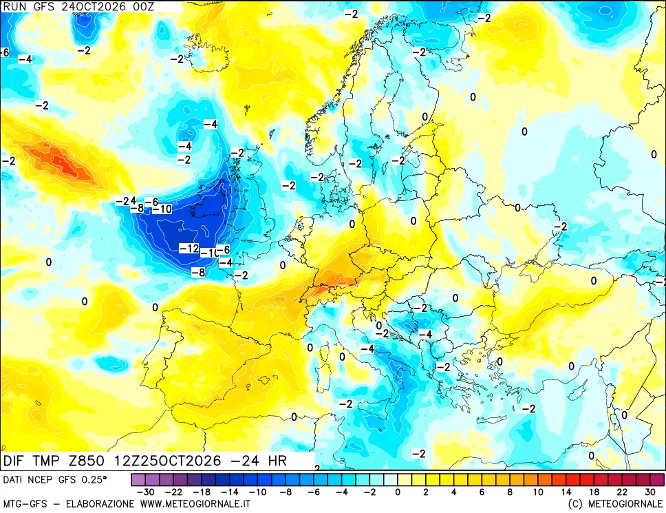 mappa Dif. Temp a 850 hPa Valid - Init