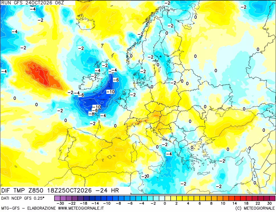 mappa Dif. Temp a 850 hPa Valid - Init