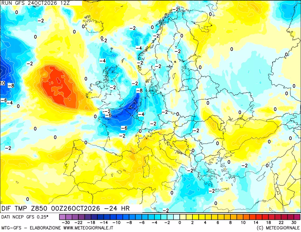 mappa Dif. Temp a 850 hPa Valid - Init