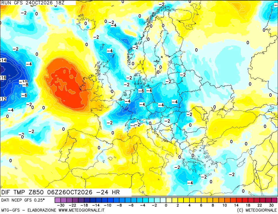 mappa Dif. Temp a 850 hPa Valid - Init