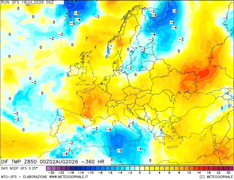 mappa Dif. Temp a 850 hPa Valid - Init